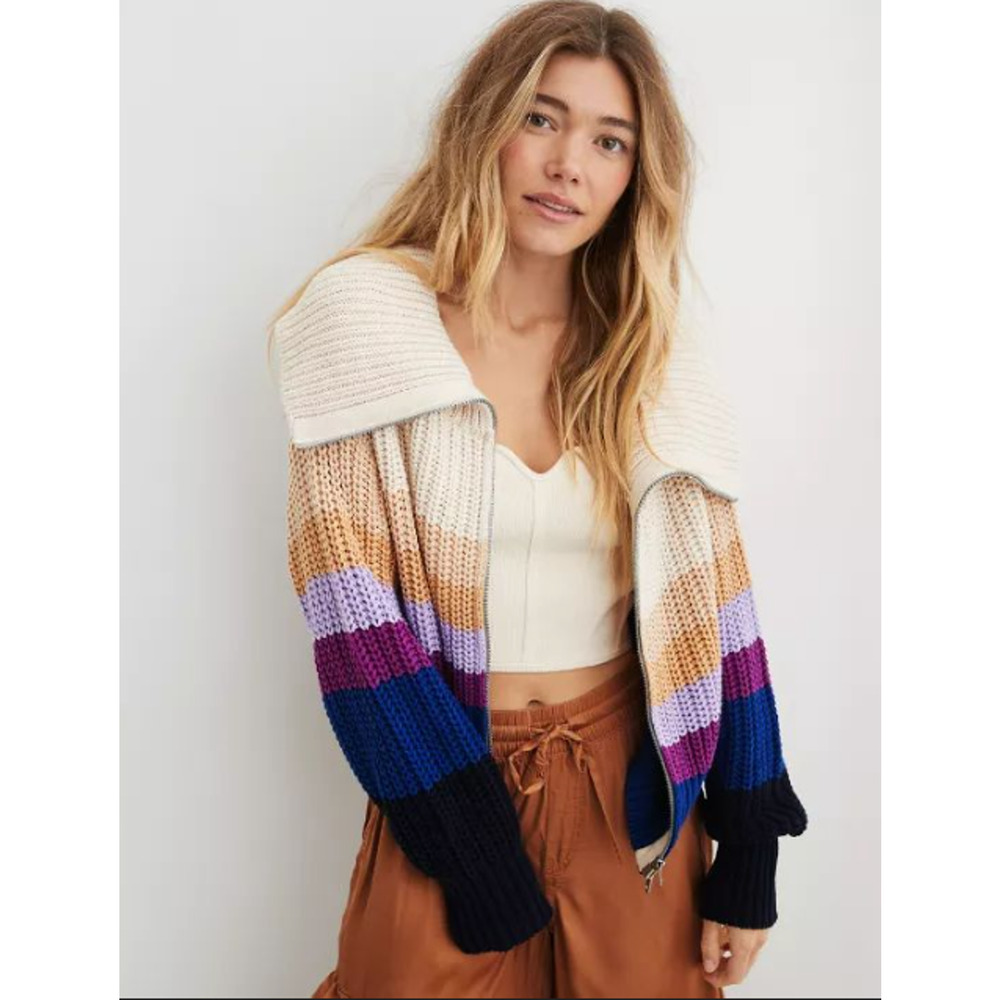 Aerie Women Striped Cardigan Sweater Multicolor Medium Cozy Knit Oversized Indie